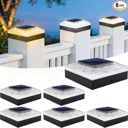 4x4 Post Solar Lights, 3 Colors Fence Light Solar Powered, 2 Brightness Solar Post Cap Lights Waterproof for Wood/Vinyl Posts, Garden, Patio, Deck, Hammered Light, 6 Pack