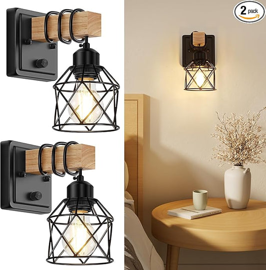 FadimiKoo Dimmable Wall Sconces Set of Two, Bedside Wall Mounted Lamp with Rotary Switch, Wooden Black Bathroom Light Fixtures with Metal Cage, Hardwired Farmhouse Wall Lights for Bedroom, Living Room