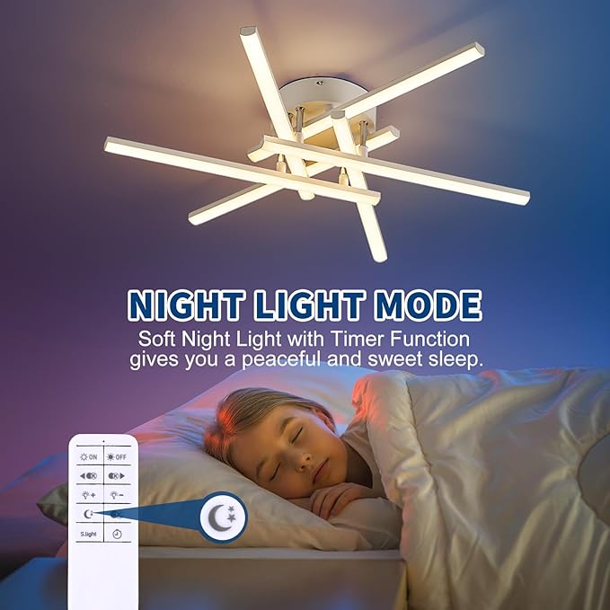 Dimmable LED Ceiling Light with Remote, 6-Light Surface Mount Ceiling Lights for Bedroom Living Dining Room, Modern White Ceiling Lamp LED Chandeliers Ceiling Light for Kitchen 24''