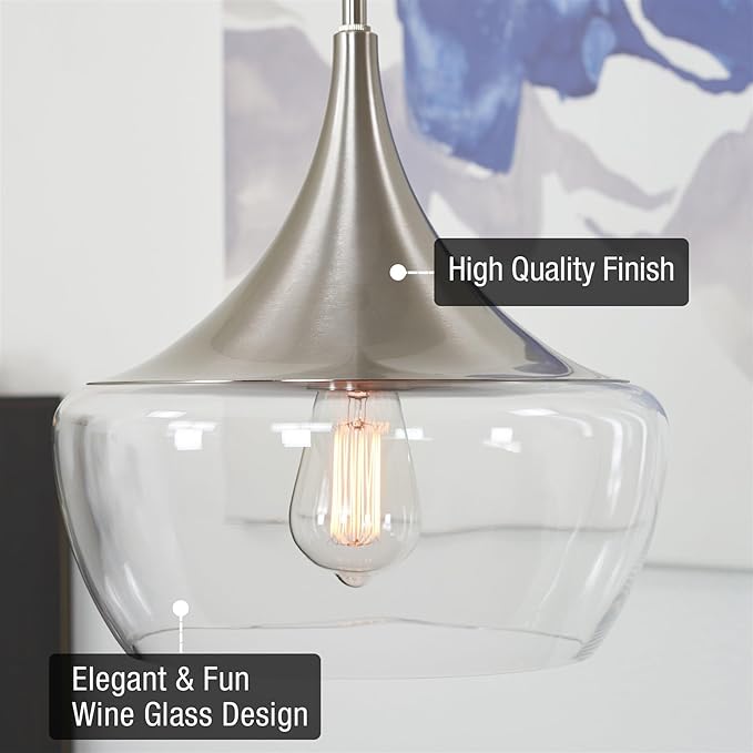 Kira Home Ava 13" Modern Industrial Schoolhouse Pendant Light with Clear Wine Glass Style Shade, Adjustable Hanging Height, Brushed Nickel Finish