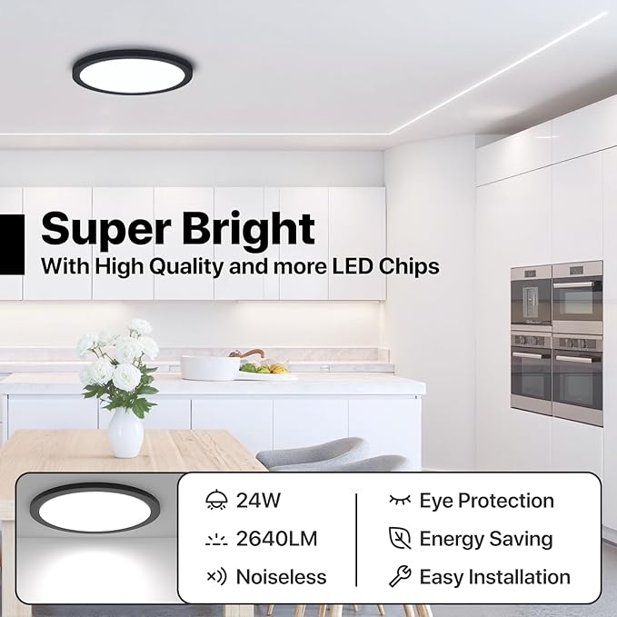 6Pack LED Flush Mount Ceiling Light Fixture Black,12Inch 24W 2640LM,Dimmable 5 CCT Selectable (2700K-6500K),Round Flat Panel Light for Bedroom,0.7Inch Thin Modern Low Profile Design for Hallway
