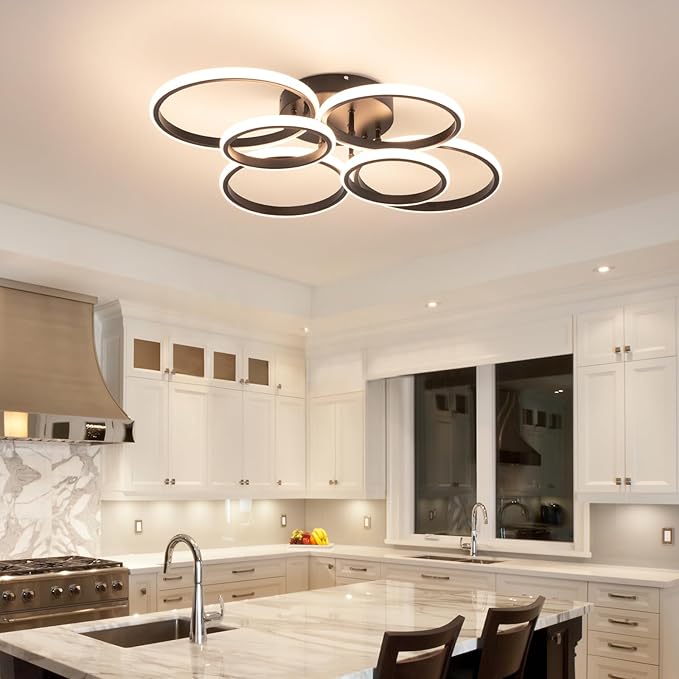 Modern Ceiling Lights, 6 Rings Dimmable Black LED Ceiling Light Fixtures with Remote Control, 60W Close to Ceilings Lighting for Living Room, Bedroom, Dining Room