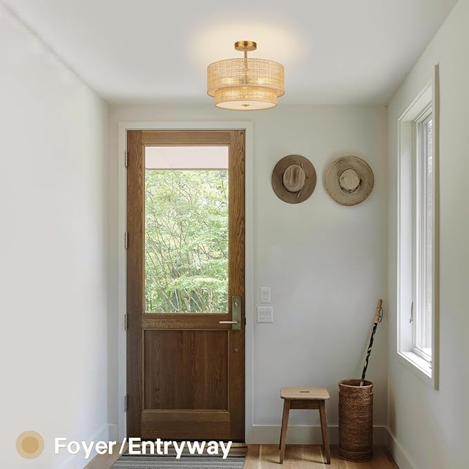 16'' Semi Flush Mount Ceiling Light Fixture, Boho Rattan Ceiling Light with 2-Tier Drum Shade, 3-Light Gold Metal Frame, Farmhouse Chandelier, Bedroom Living Room Nursery