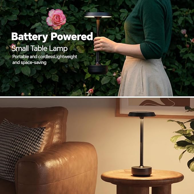 Mevnxi Cordless Table Lamp, Portable LED Desk Lamp, 5000mAh Battery Operated, 3 Color Stepless Dimming Up, for Restaurant/Bedroom/Bars/Outdoor Party/Camping/Coffee Shop Atmosphere Night Light(Black)