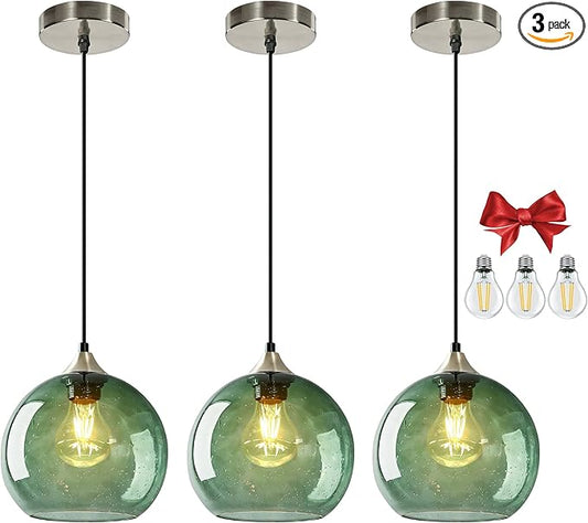 7.1in Medium Green Glass Pendant Light for Kitchen Island, 3-Pack with Extra LED Bulbs & 4.92ft Adjustable Cord | Modern Minimalist Lighting for Dining Room, Living Room, Entryway