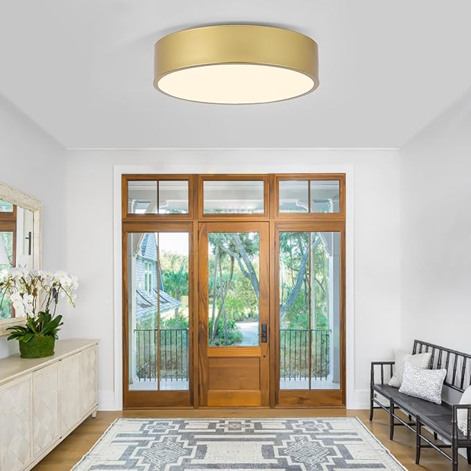 Modern Gold Flush Mount Ceiling Light Fixture,Contemporary 2-Light Round Ceiling Lights with White Acrylic Shade for Hallway,Foyer,Entryway,Closet, Porch,Kitchen(11.8")