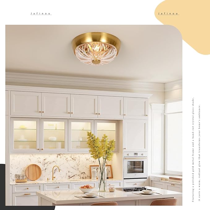 Gold Semi Flush Mount Ceiling Light, 2-Light Modern Close to Ceiling Light Fixture, Aluminum Glass Indoor Outdoor Ceiling Lamp for Bedroom Kitchen Hallway Foyer