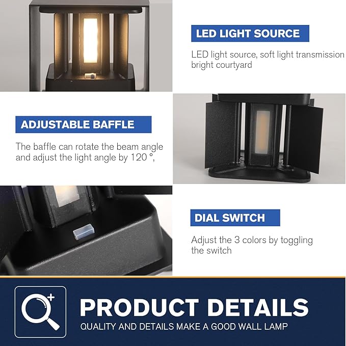 LED 15W Outdoor Wall Lights Exterior/Interior 3 Colors Adjustable Wall Light Fixture IP65 Waterproof Porch Exterior Wall Sconce Modern Outdoor Lighting Square Aluminum Black Up and Down Lights