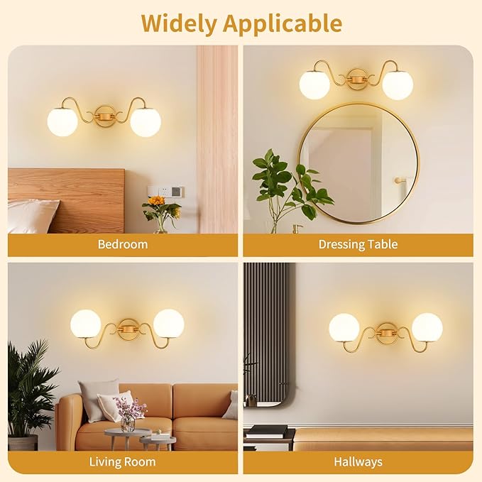 2 Lights Bathroom Vanity Light Fixtures Over Mirror, Brushed Gold Vintage Vanity Lights For Bathroom With Milk White Glass Globe Shade, Wall Lights For Bedroom, Hallway, Dressing Table,Includ G9 Bulbs
