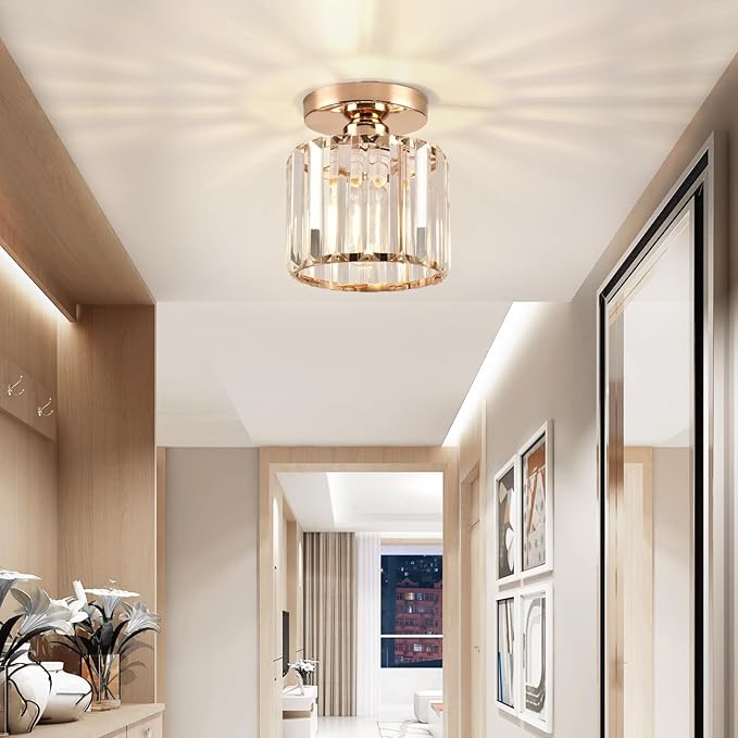 Semi Flush Mount Ceiling Light, Crystal Ceiling Light Gold Chandelier for Kitchen Hallway Entrance Balcony Dining Rooms Living Rooms Bar