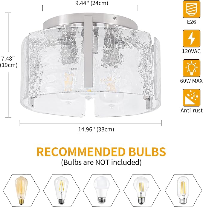 15'' Modern Brushed Nickel Semi Flush Mount Ceiling Light, Hallway Light Fixtures, 3-Light Glass Ceiling Lights for Entryway Kitchen Dining Room Foyer Bedroom Laundry Room Bathroom Lighting Fixtures