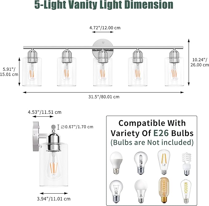 Espird Bathroom Vanity Light Fixtures Polished Chrome Bathroom Lighting Fixture, 5 Lights Bathroom Light Fixture Over Mirror, Modern Black Vanity Light, Wall Sconces with Glass Shades