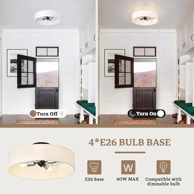 20 Inch Semi Flush Mount Ceiling Lights, Modern Sputnik Chandeliers,4-Light Farmhouse Black and Silver Ceiling Light Fixture with White Fabric Shade, Drum Light Fixtures for Bedroom,Living Room