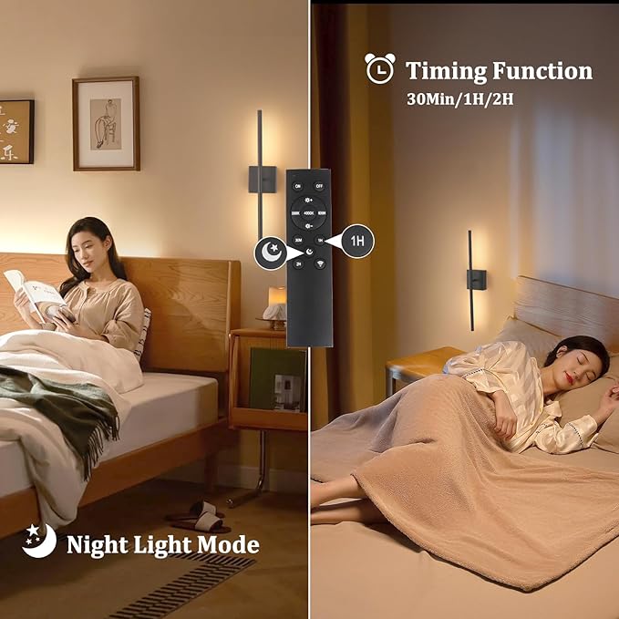 Shenmoyl Battery Operated Wall Sconce Set of 2, 8000mAh Wireless Wall Sconces, 3000K-6000K Dimmable, 350°Rotate, Indoor Wall Lights with Remote for Bedroom Living Room Bathroom, Black, 23.6 Inch
