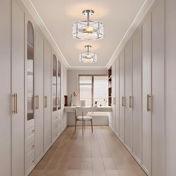 Modern Semi Flush Mount Ceiling Light Fixture, Brushed Nickel Dining Room Light Fixture, 2-Light Glass Foyer Lighting Fixtures 12.8" Small Ceiling Lights for Hallway Living Laundry Room Bedroom