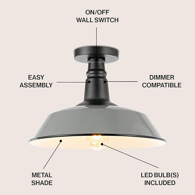 JONATHAN Y 14" Gray/Black 1-Light Industrial LED Semi Flush Mount Ceiling Light for Porch, Kitchen, Entryway, Modern Farmhouse Iron Fixture, White Metal Shade, LED Bulb Included (JYL7617D)