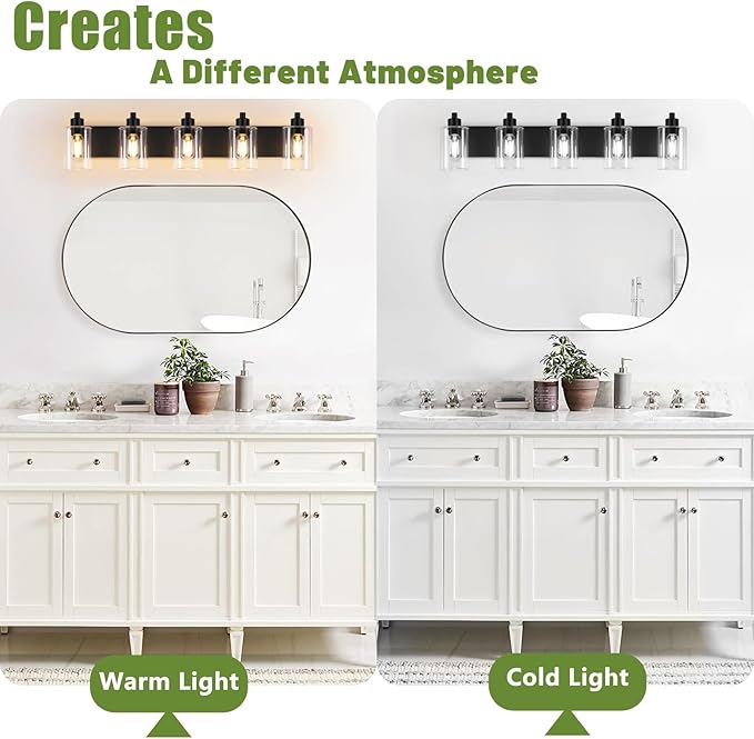 Dpyrrhic Matte Black Bathroom Light Fixtures,5-Light Bathroom Lights Over Mirror with Clear Glass Shade,Wall Sconces for Bathroom, Bedroom, Hallway