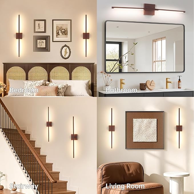 Shenmoyl Battery Operated Wall Sconce Set of 2, 10400mAh Rechargeable Wall Sconces, 3000K-6000K Dimmable, 350°Rotate, Indoor Wall Lights for Bedroom Living Room Bathroom, Black Walnut, 31.5 Inch