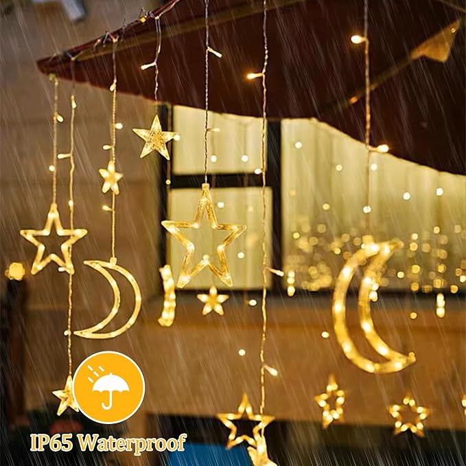 Lemical Star Moon Curtain Lights 11.5ft Battery Powered Remote Control LED Fairy Light Strings,8 Flashing Modes Waterproof Decorative Lights for Christmas, Party, Bedroom Decorations(Warm White)