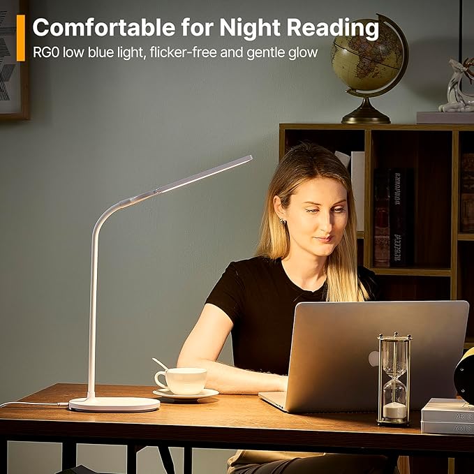 LED Desk Lamp for Home Office, Ultra-Wide Double Head Desk Light with 90° Flexible Gooseneck, Eye-Caring Low Blue Light, 5 Color Modes (2700K-6500K) & 5 Brightness Levels, Touch Control