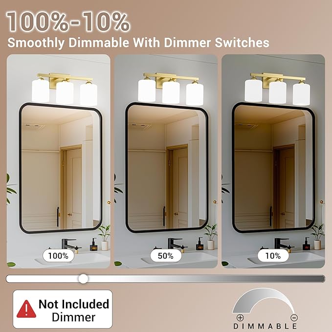 Quntis Gold Bathroom Light Fixtures Over Mirror 5 Colors Adjustable, 3-Light LED Bathroom Vanity Lighting with Milky White Frosted Glass Shade, Energy-Saving LED Vanity Light 18.9 inch