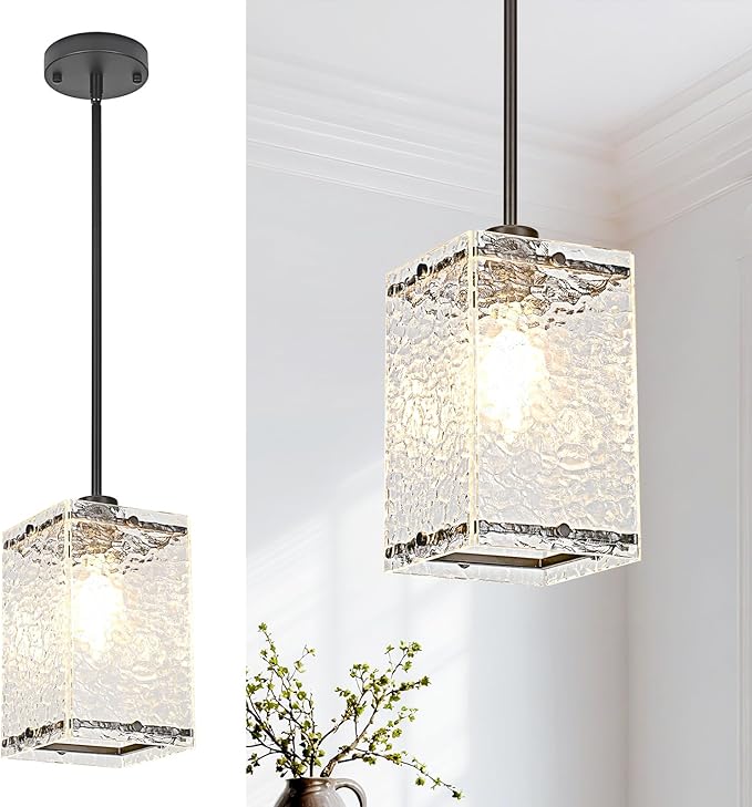 Water Ripple Glass Pendant Lights Black Pendant Lights Kitchen Island Adjustable Modern Hanging Pendant Light Fixtures for Sink Kitchen Dining Room Foyer Entryway, 1 Pack