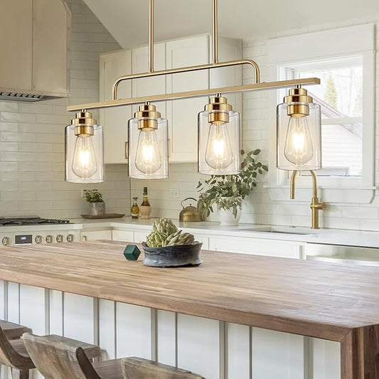 Dining Room Light Fixture - Brushed Gold 4-Light Farmhouse Chandelier Kitchen Island Lights Fixtures Modern Linear Chandeliers Hanging Pendant Lighting Over Table for Dining Room