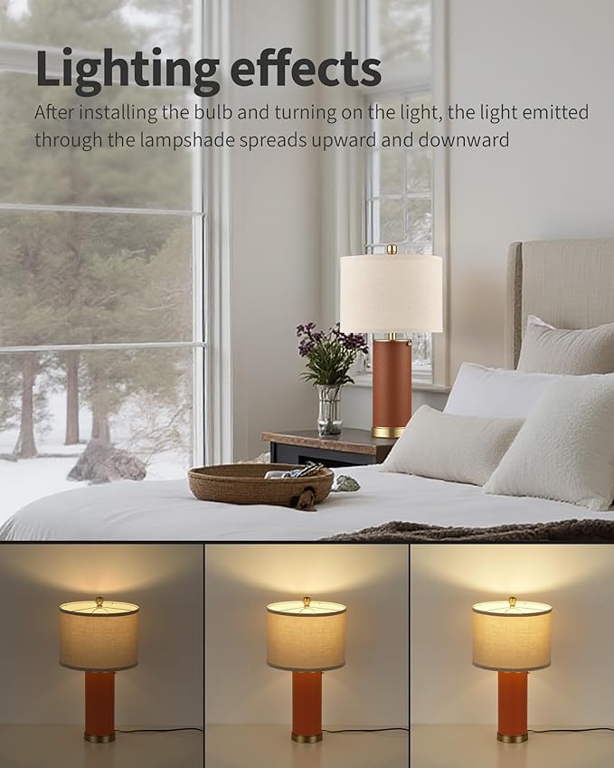 KDG 23.4" Brown PU Leather Table Lamps for Living Room Set of 2, E26 Socket LED Modern Home Decor Fabric Lampshade Desk Lamp Lighitng for Bedroom, Bedside, Farmhouse, Nightstand, Night Light