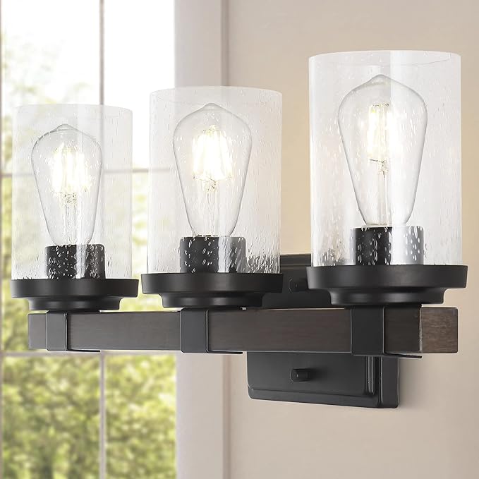 JONATHAN Y 22.75" Oil Rubbed Bronze LED Vanity Light, Rustic Farmhouse Sconce, Clear Seeded Glass Shade, Industrial Wall Lamp for Bathroom Mirror, Kitchen Sink, LED Bulb (JYL7509A)