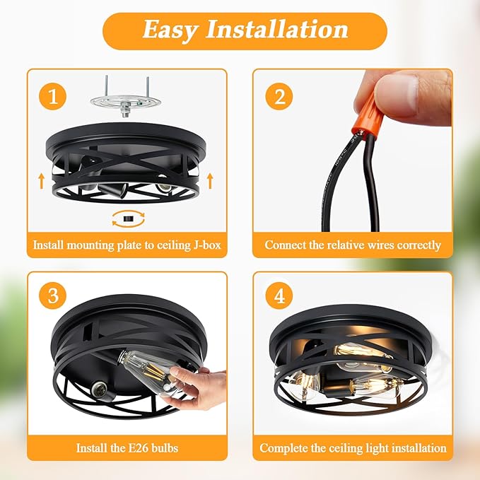 3-Light Flush Mount Ceiling Light Fixture, Farmhouse Ceiling Lights for Kitchen, Modern Black Close to Ceiling Light for Hallway Bedroom Balcony Porch Stairway, E26, (1 Pack)