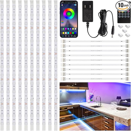 10 PCS RGB Under Cabinet Lighting Kit, App and Remote Control Led Strip Lights, Music Sync Color Changing Led Lights with ETL Listed Power Adapter, for Cabinet, Counter, Shelf, 16.4ft