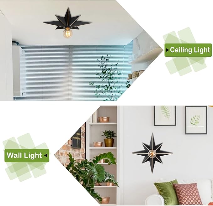 16 inch Flush Mount Ceiling Light, Industrial Black Metal Star Ceiling Lights, Vintage Entryway Light Fixtures, Farmhouse Star Lighting for Hallway, Porch, Study, Bedroom, Stair, Kitchen, Bathroom