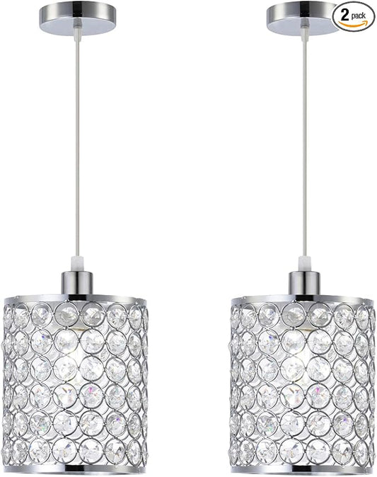 2 Pack Modern Chrome Crystal Pendant Lighting, Adjustable Pendant Light Fixture for Kitchen Island Dinning Room Bedroom Silver