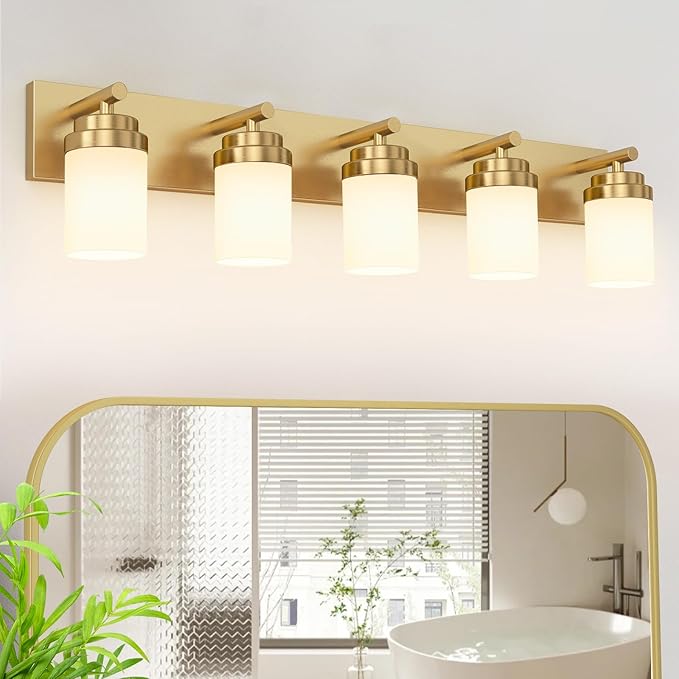 IZORRO Bathroom Vanity Light Fixture, 5-Light 36 Inch Gold Bathroom Light Fixtures Over Mirror, with White Glass Shade, Modern Farmhouse Vanity Lights, Rustic Restroom Lighting Fixtures