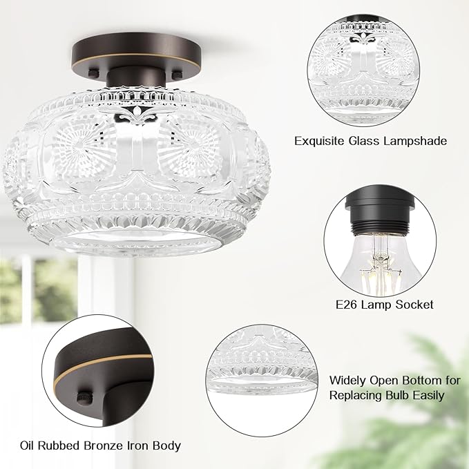 Semi Flush Mount Ceiling Light, Globe Glass Ceiling Light Fixture, Oil Rubbed Bronze with Gold Trim Modern Lighting for Hallway Bedroom Entryway Kitchen Porch, Bulb Not Included