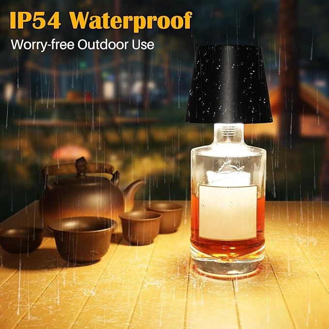 Wireless Bottle Lamp,Metal Wine Bottle Light with 3 Color Light Dimming, Waterproof Bottle Touch Lamp Head for Room, Bar, Restaurants, Party, Decor & Gifts (Black)