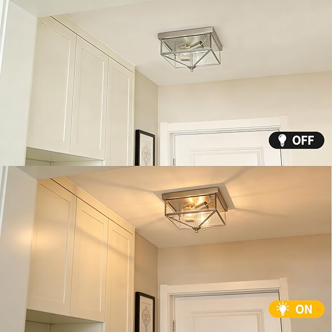 Kalium Flush Mount Ceiling Light Fixture, 2-Light Brushed Nickel Ceiling Light with Clear Glass, Modern Farmhouse Indoor/Outdoor Lighting for Kitchen, Hallway, Entryway, Foyer, Stairway (E26 Base)