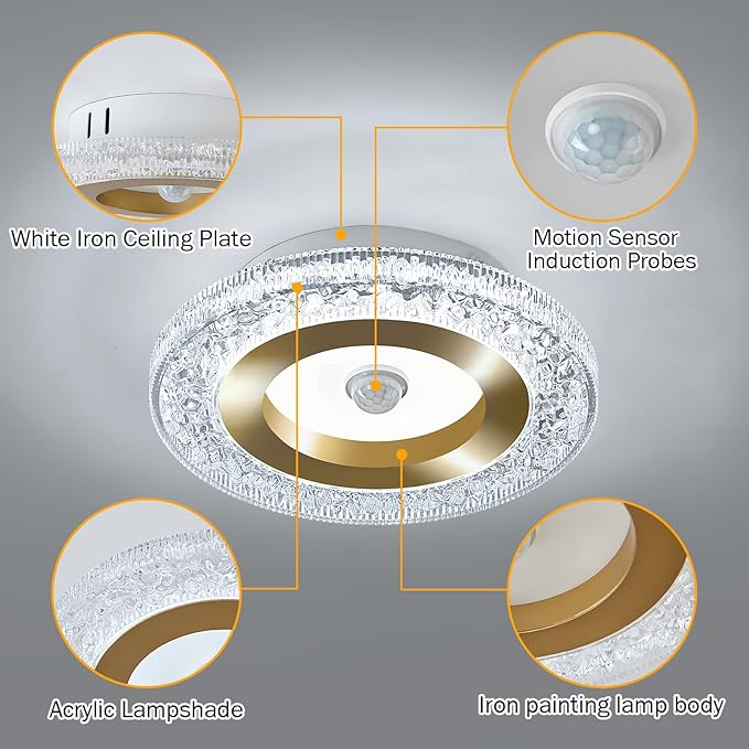 UOFUS 7.84inch Mini Motion Sensor LED Ceiling Light Indoor Wired Gold Flush Mount Light Fixture 6400K Motion Activated Light for Closet Hallway Laundry Stairs Shower Porch Garage Basement