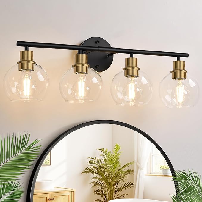 Indoi 4-Light Bathroom Light Fixtures, Black and Gold Bathroom Lights Over Mirror with Clear Glass Globe Shade, Vanity Lights for Bathroom Kitchen Living Room Hallway Cabinet Bedroom Porch