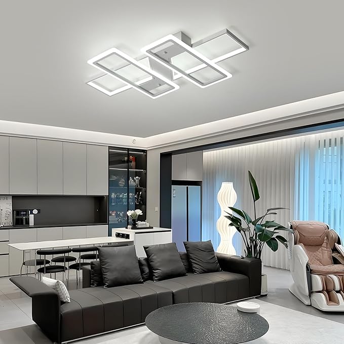 GEADI Modern Dimmable Ceiling Light Fixture,35.4" White LED Flush Mount Ceiling Lights with Remote Control,4 Ring Square Light Fixture for Bedroom Dining Room Living Room Kicthen (80W)