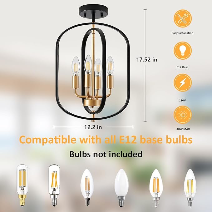 Black Gold Semi Flush Mount Ceiling Light Fixture, Modern Close to Ceiling Light Fixtures Ceiling Mount, Dimmable Foyer Kitchen Lighting Fixtures Ceiling Lights for Bedroom, Hallway, Entryway