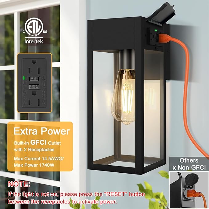 Porch Lights Outdoor Wall Sconce, Outdoor Light with GFCI Outlet, Waterproof Exterior Wall Lantern Light Fixtures, Anti-Rust Wall Lamp with Clear Glass for Patio Doorway Garage- Black, 1 Pack