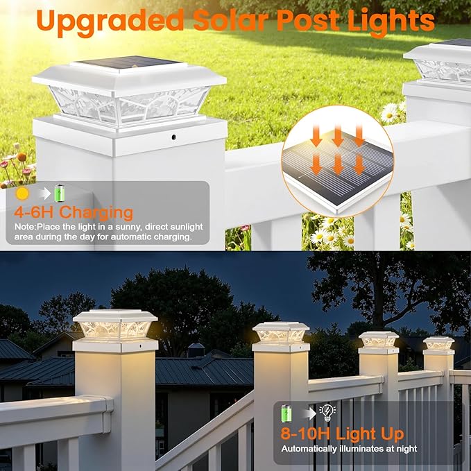 Brightever 4x4 3.5x3.5 Solar Post Cap Lights, 8-Pack Outdoor Solar Powered Fence Post Lights Fit Vinyl/Wood Posts, 2 Modes(Warm/Cool Light), Solar Waterproof Deck Post Lights for Garden, Patio, White