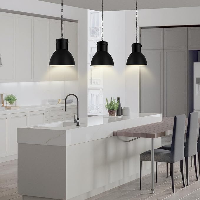 BoostArea Black Pendant Lights Kitchen Island, 10.6" Large Metal Shade and 70.9'' Adjustable Height, Modern Pendant Lighting Fixtures,Farmhouse Hanging Pendant Light for Kitchen Island/Bar,No E26 Bulb