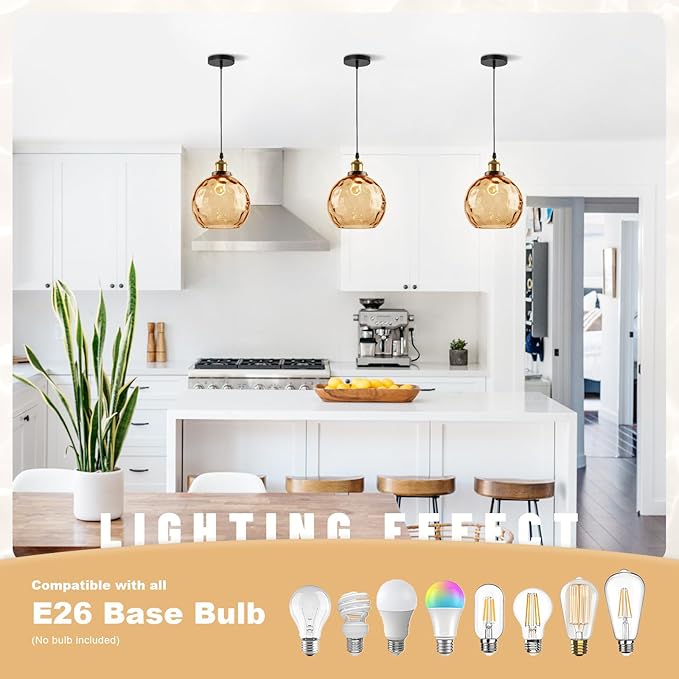 Amber Pendant Light Fixture, 7.8" Hammered Glass Globe Pendant Light with Brass Gold Cap, Adjustable Height 1-Light Vintage Hanging Light for Kitchen Island Dining Room Bedroom