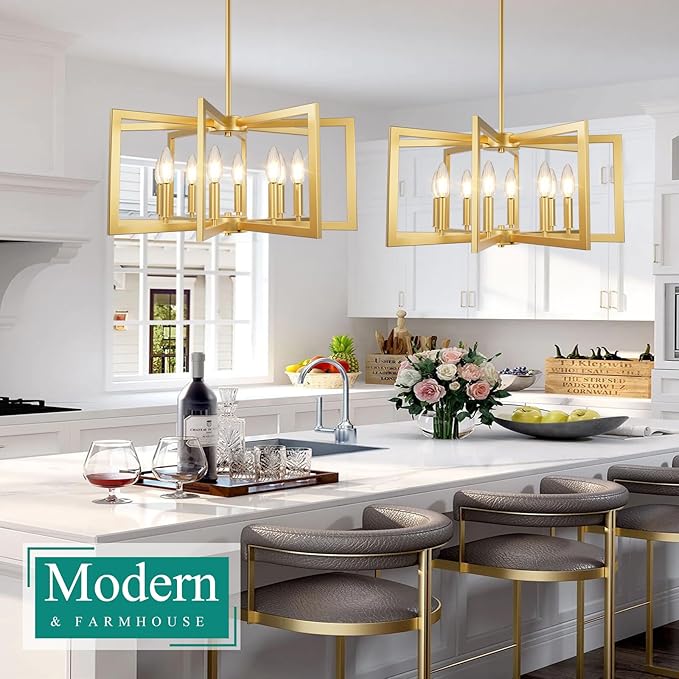 Bairth 8-Light Gold Chandelier, Farmhouse Dining Room Light Fixture, Modern Chandelier, Geometric Industrial Metal Hang Lighting Fixture for Foyer Entryway Kitchen Over Table Hallway Living Room