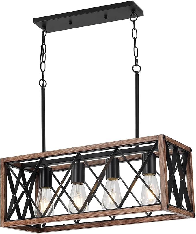 KEESFU 4-Light Farmhouse Linear Chandelier for Dining Room,Adjustable Rustic Pendant Light with Wood Grain Finish for Kitchen Island & Dining Table,Farmhouse Kitchen Lighting fixtures Ceiling.