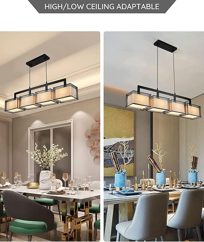 Linear Chandelier for Dining Room, Modern 4 Light Kitchen Island Lighting with Fabric Lampshade, Rectangular Chandeliers for Living Room Restaurant, Black, L44IN x W7IN x H12IN