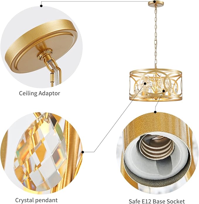 WUZUPS Crystal Chandelier 5-Light Vintage Farmhouse Pendant Ceiling Light Lighting Fixture for Foyer Diningroom Bedroom Hallway Storage Kitchen Bathroom, H 8.3" W 16.1", E12 Base, Gold