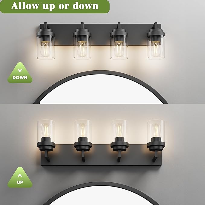 Espird Bathroom Vanity Light, 4 Light Matte Black Vanity Light with Clear Glass Shade, 30in Farmhouse Vanity Light, Bathroom Lighting Fixtures Over Mirror for Bathroom